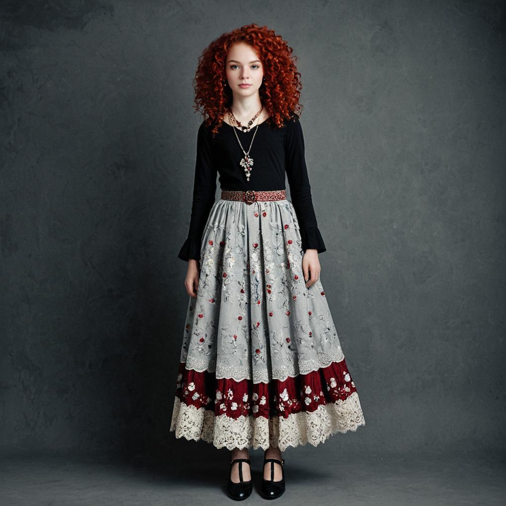 Elegant Red Haired Woman in Vintage Embroidered Layered Skirt