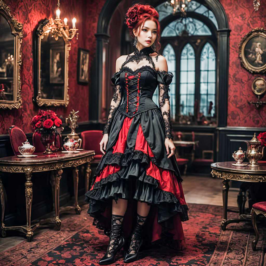 Victorian Gothic Woman in Black and Red Corset Dress in Vintage Room