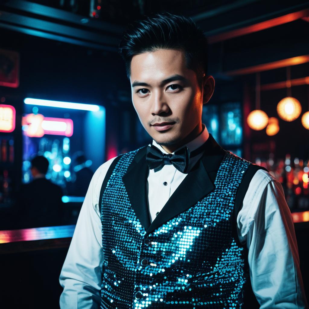 Stylish Man in Blue Sequin Vest at Neon-Lit Nightclub