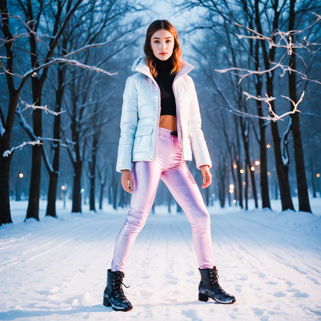 Fashionable woman in snowy landscape with pink pants