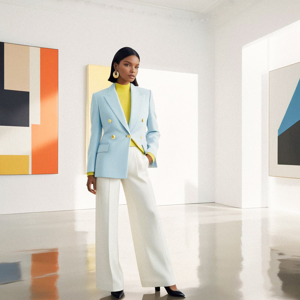 Stylish Woman in Light Blue Blazer Against Abstract Artwork