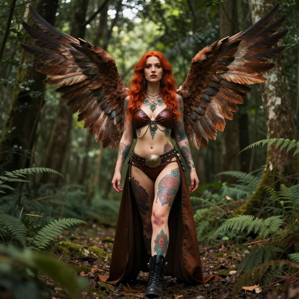 Fantasy Red-Haired Woman with Wings and Tattoos in Forest