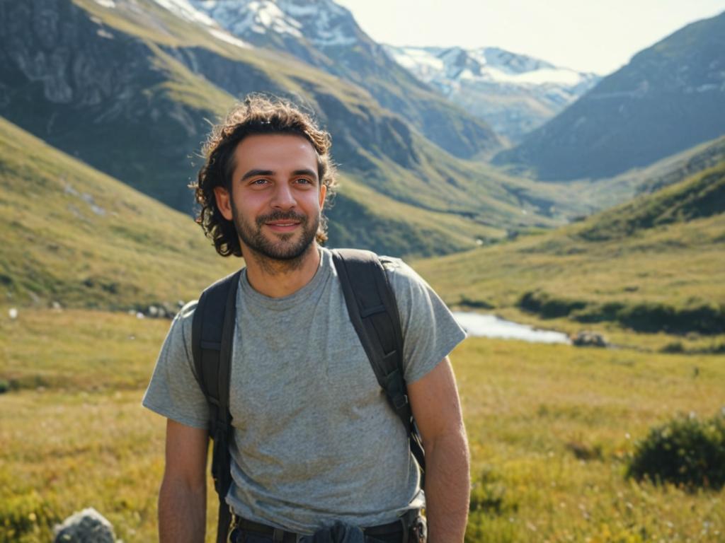 Man with Backpack in Mountainous Landscape