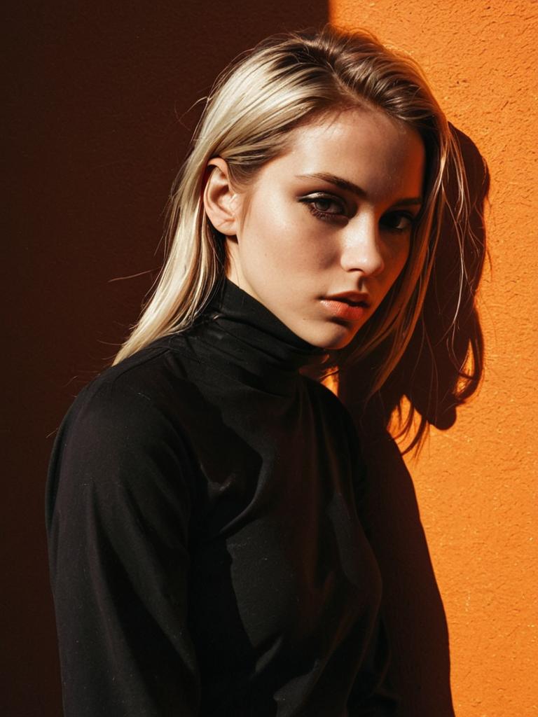 Portrait of a Blonde Woman in Black Turtleneck Against Orange Wall