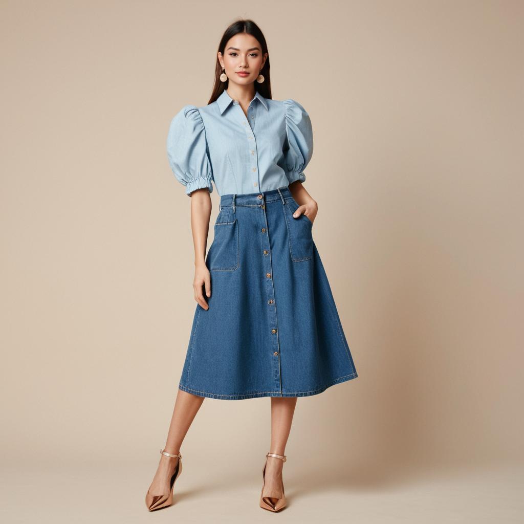 Woman Wearing Puff Sleeve Blouse and Denim Midi Skirt Fashion Outfit