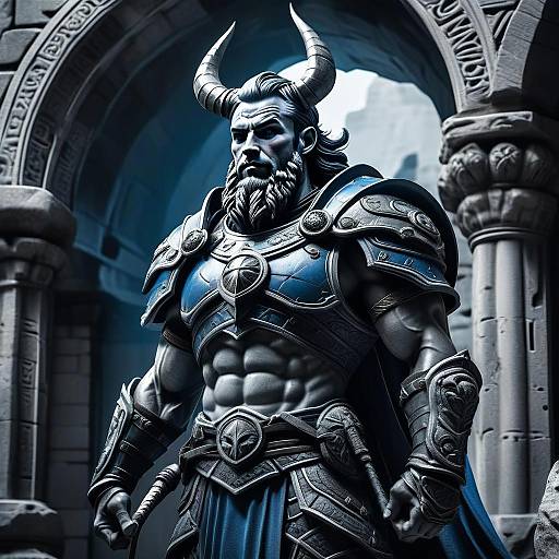 Fantasy Horned Warrior in Ornate Blue Armor Standing in Stone Archway