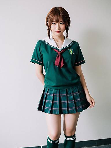 Young Woman in Green Japanese School Uniform with Plaid Skirt