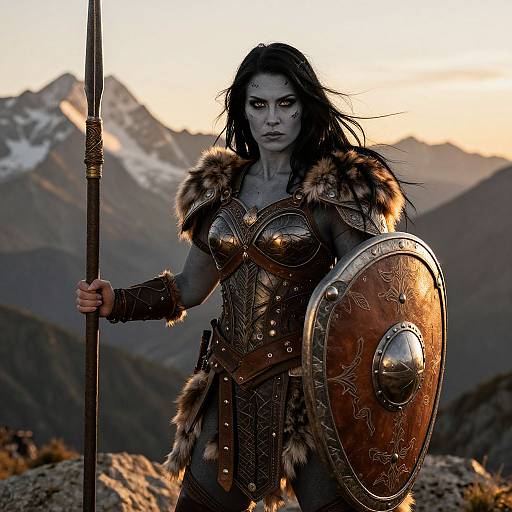 Fierce Woman Warrior in Leather Armor Holding Shield on Mountain