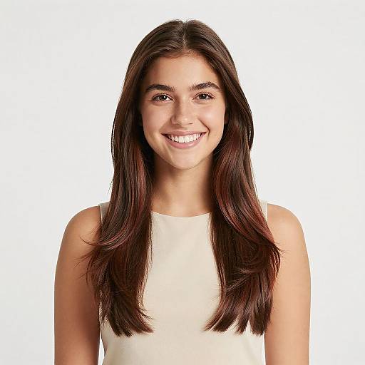 Portrait of Smiling Young Woman with Long Brown Hair in Beige Top