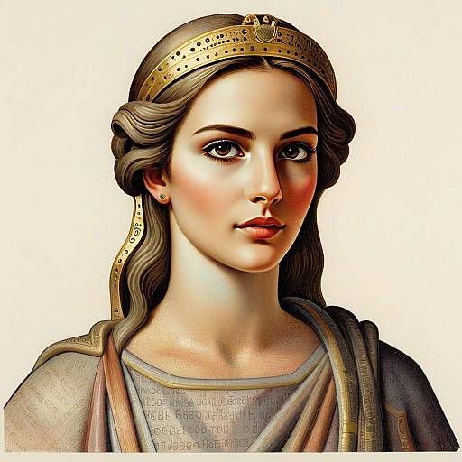 Digital Portrait of Noblewoman Wearing Ornate Golden Crown in Classical Style