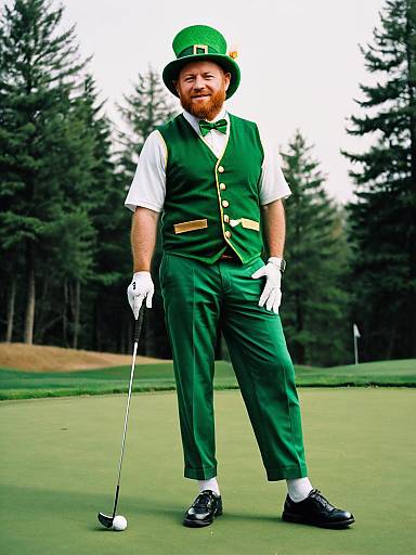 Man in Leprechaun Golfer Costume on Putting Green Photorealistic Humorous Cosplay