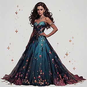Elegant Woman in Dark Teal Gown with Ethereal Elements