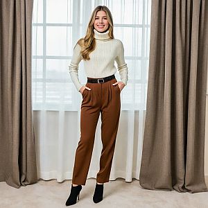 Smiling Woman in Cozy Sweater by Window