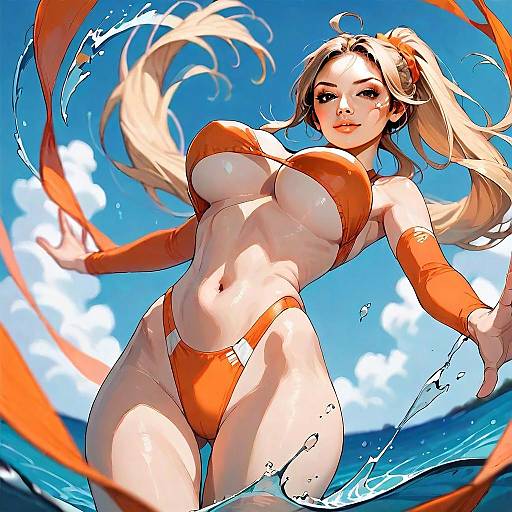Dynamic Digital Illustration of Woman in Orange Bikini Splashing Water