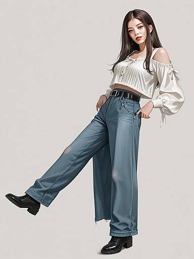 Woman in Casual Chic Black Ruche Top and Wide-Leg Jeans Full Body Shot