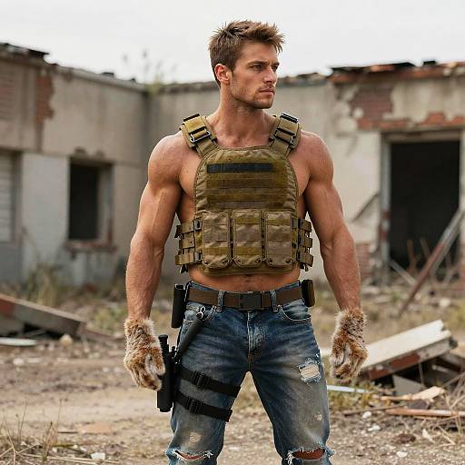 Strong Man in Tactical Gear with Fur-Lined Gloves in Rugged Urban Setting