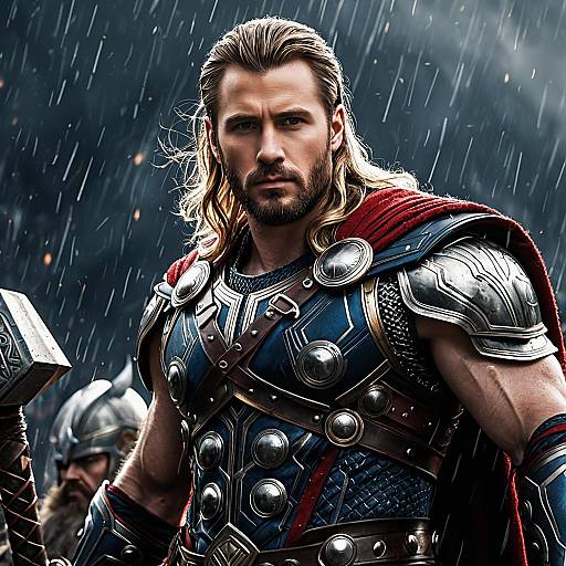 Norse Warrior Man in Detailed Armor with Red Cape Under Rain