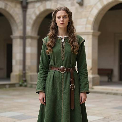 Medieval Woman in Green Dress with Leather Belt Standing in Historic Courtyard