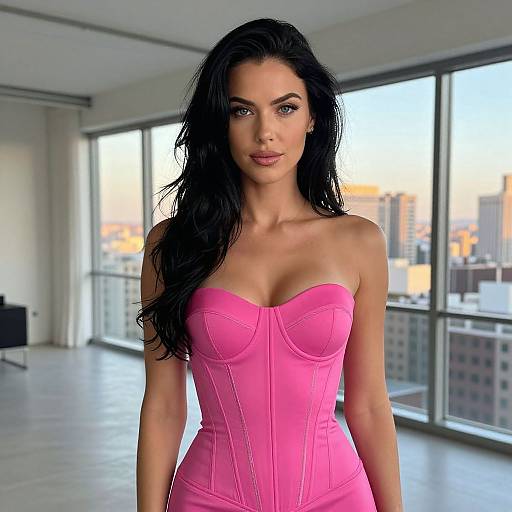 Woman in Hot Pink Strapless Corset Dress in Modern Apartment