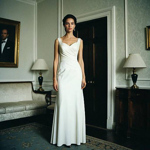 Elegant Woman Wearing Tall White Formal Dress in Vintage Room