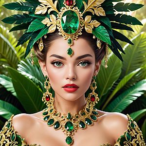 Regal Woman in Golden Jewelry with Tropical Foliage