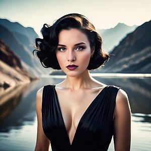 Elegant Woman in Black Dress by Mountain Lake