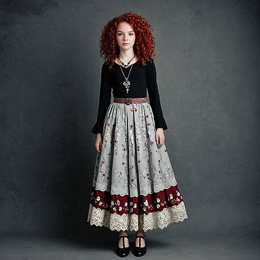 Elegant Red Haired Woman in Vintage Embroidered Layered Skirt