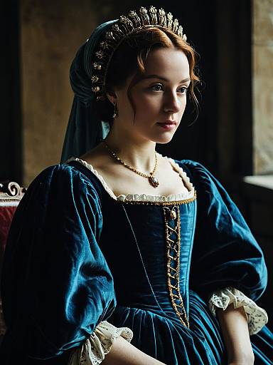 Woman in Renaissance Gown with Regal Headpiece Cinematic Realism Portrait