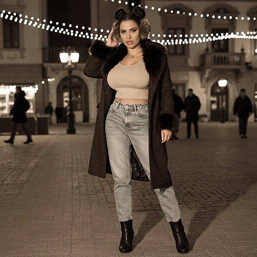 Voluptuous Woman in Sepia Effect Wearing Textured Chocolate Coat and Jeans on Night Street