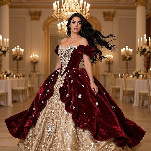 Woman in Elegant Burgundy and Gold Velvet Ball Gown in Luxurious Ballroom