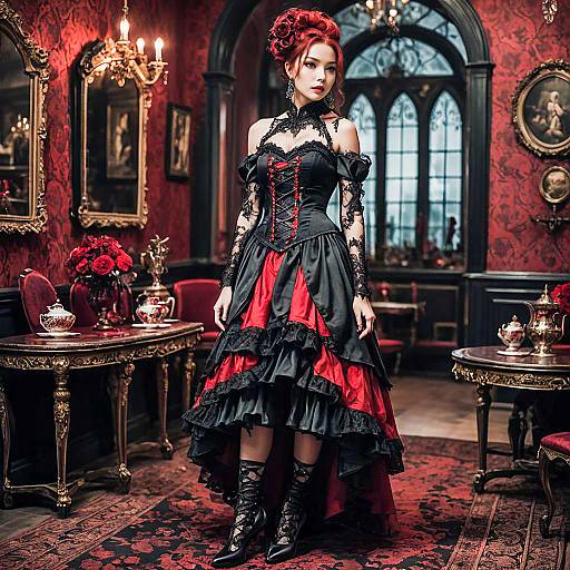 Victorian Gothic Woman in Black and Red Corset Dress in Vintage Room