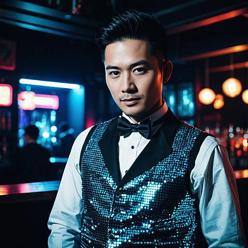 Stylish Man in Blue Sequin Vest at Neon-Lit Nightclub
