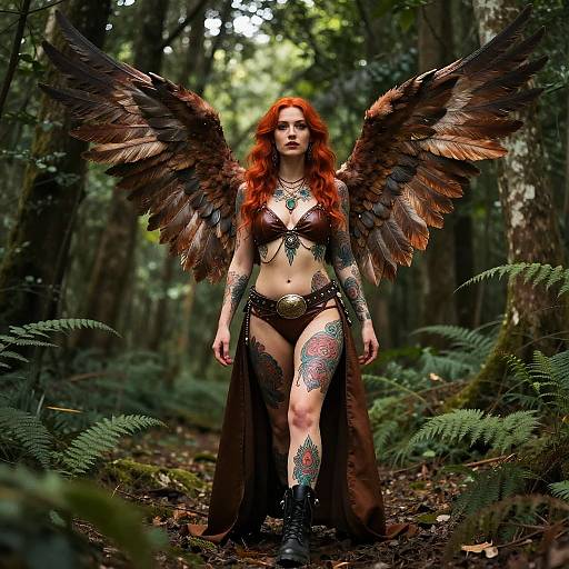 Fantasy Red-Haired Woman with Wings and Tattoos in Forest