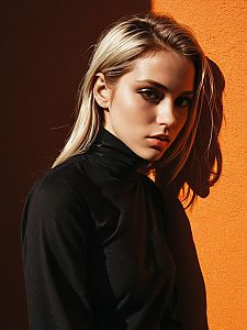 Portrait of a Blonde Woman in Black Turtleneck Against Orange Wall