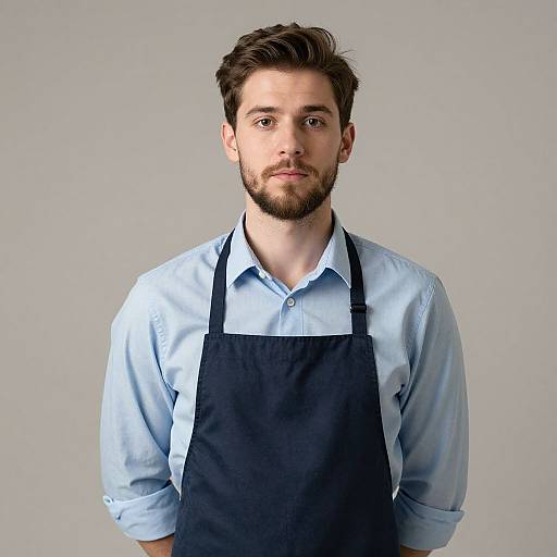 Young Man in Blue Shirt Wearing Dark Blue Apron