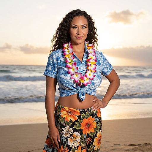 Woman in Hawaiian Lei and Floral Outfit on Beach at Sunset