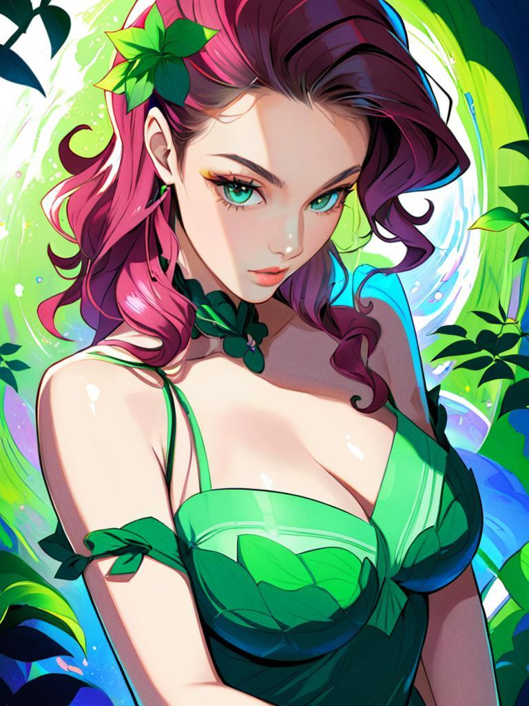 Anime Woman with Pink Hair in Nature-Inspired Outfit