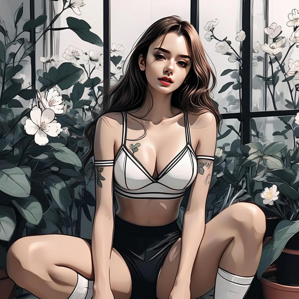 Young Woman in Sporty Outfit Surrounded by Plants
