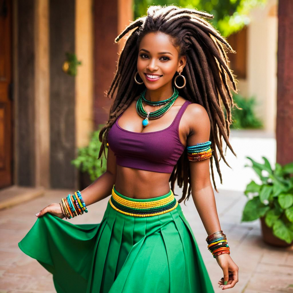 Joyful Woman with Dreadlocks in Purple Crop Top and Green Skirt Joyful Woman with Dreadlocks in Purple Crop Top and Green Skirt