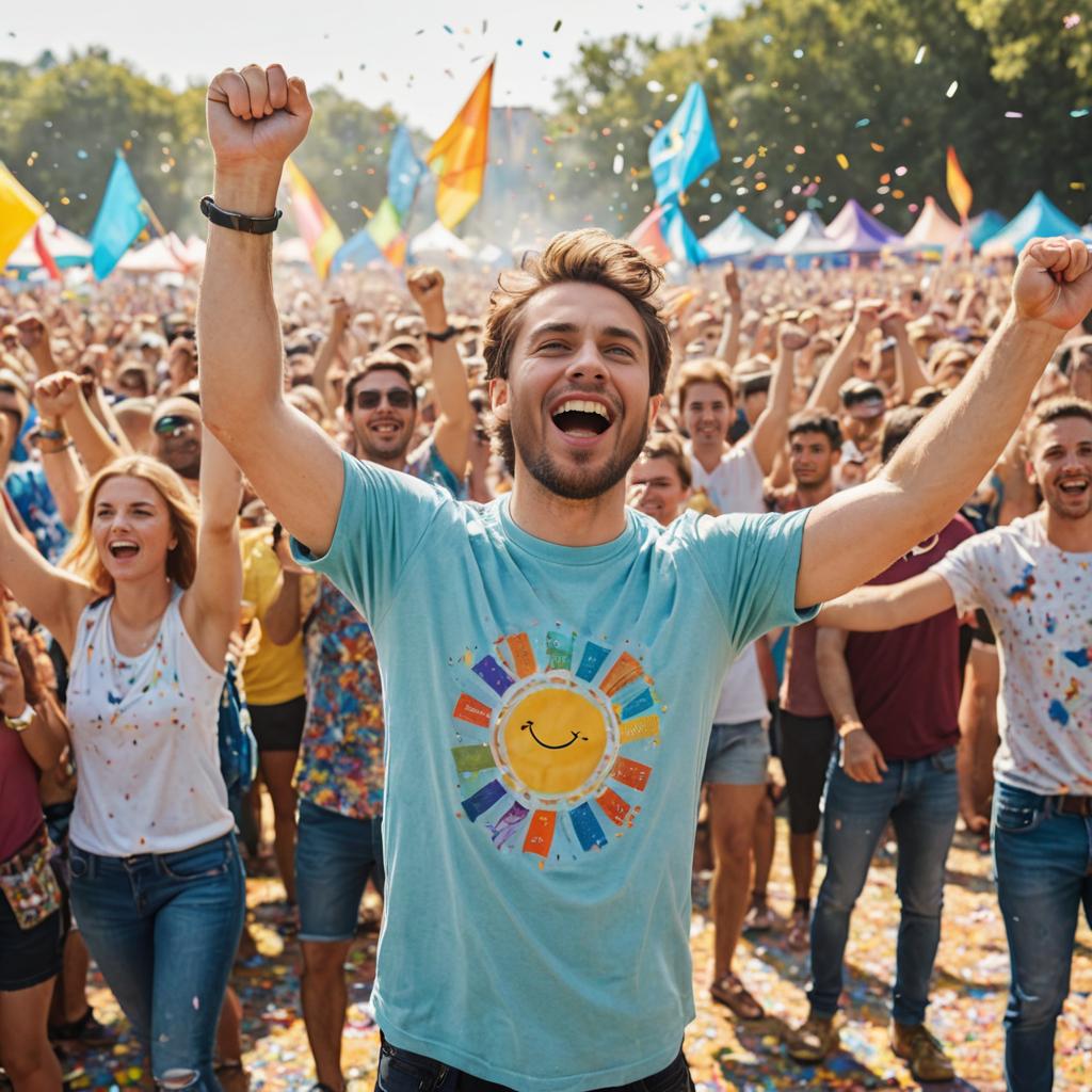 Joyful man celebrating in a crowd