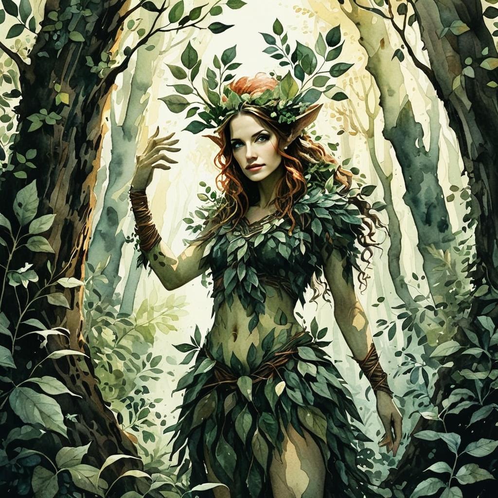 Fantasy Elf Woman in Leafy Outfit in Enchanted Forest Illustration