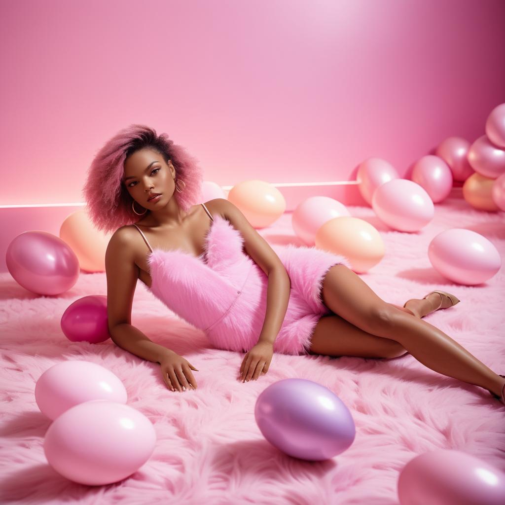 Stylish Woman on Pink Carpet with Balloons