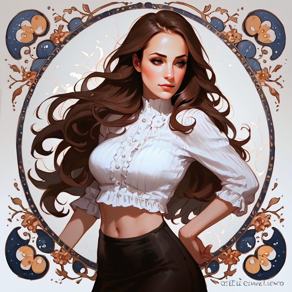 Confident Young Woman in Stylish Outfit with Art Nouveau Design Confident Young Woman in Stylish Outfit with Art Nouveau Design