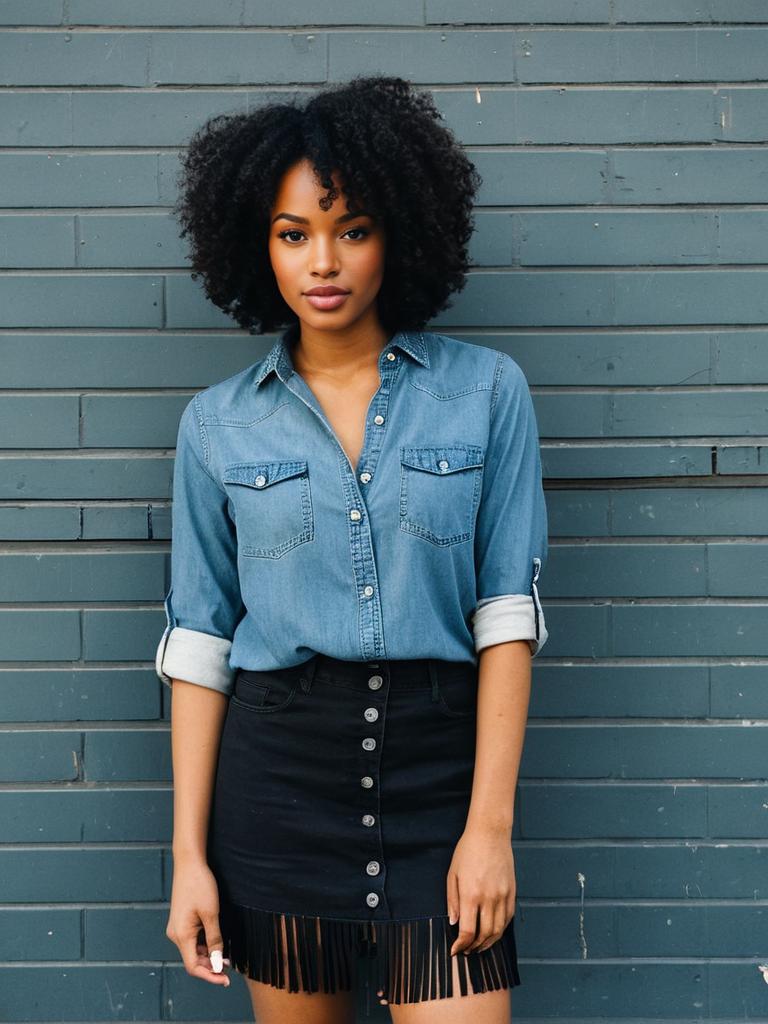 Woman in Business Casual Faded Blue Denim Shirt with Rolled-Up Sleeves and Black Fringe Skirt