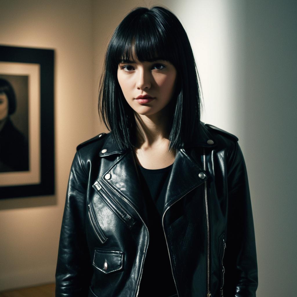 Young Woman in Black Leather Jacket with Cinematic Lighting
