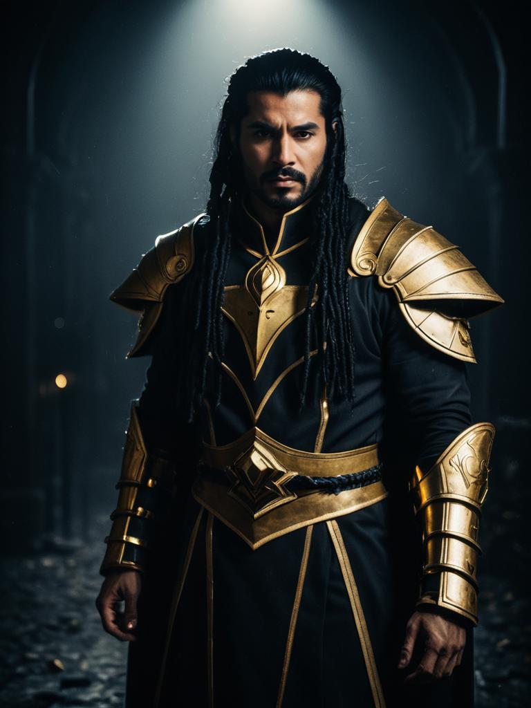 Man in Realistic Naganadel Cosplay Costume with Gold Armor