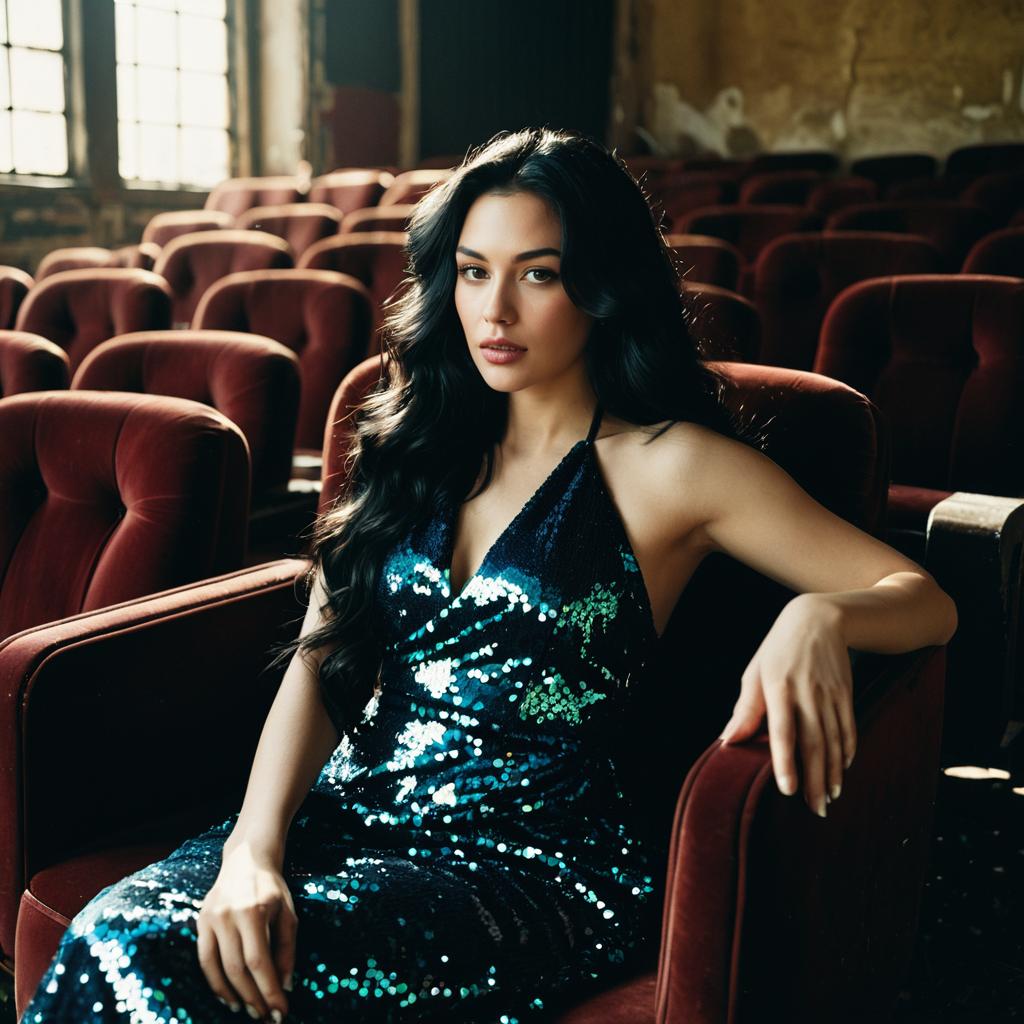 Elegant Woman in Sequined Dress Sitting in Vintage Theater