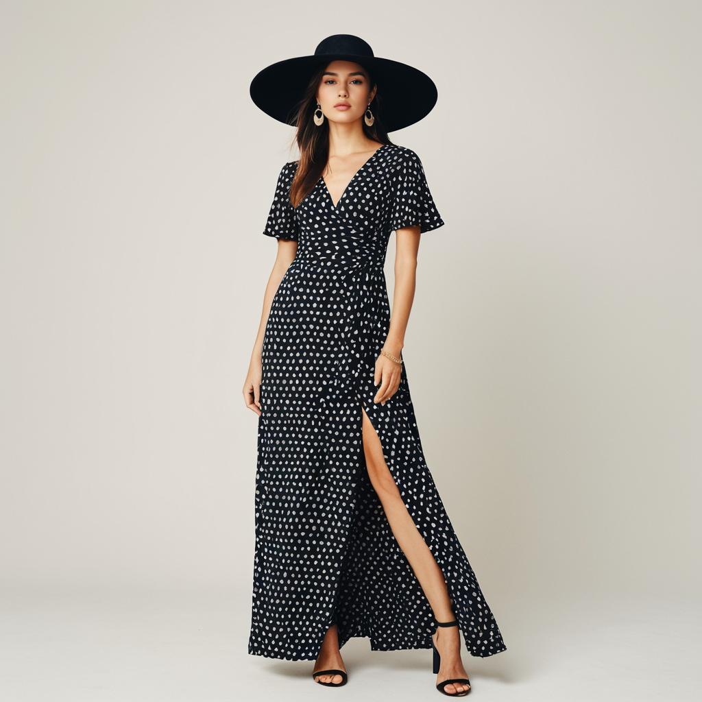 Stylish Woman in Black Polka Dot Maxi Dress