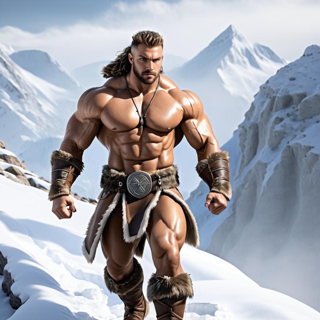 Muscular Warrior in Snowy Mountains