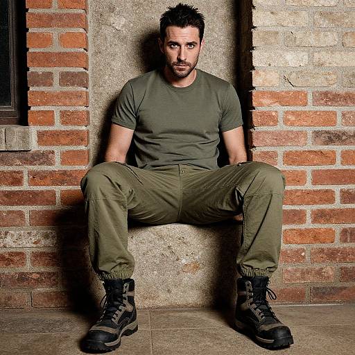 Confident Man in Olive Green Casual Outfit Sitting by Brick Wall